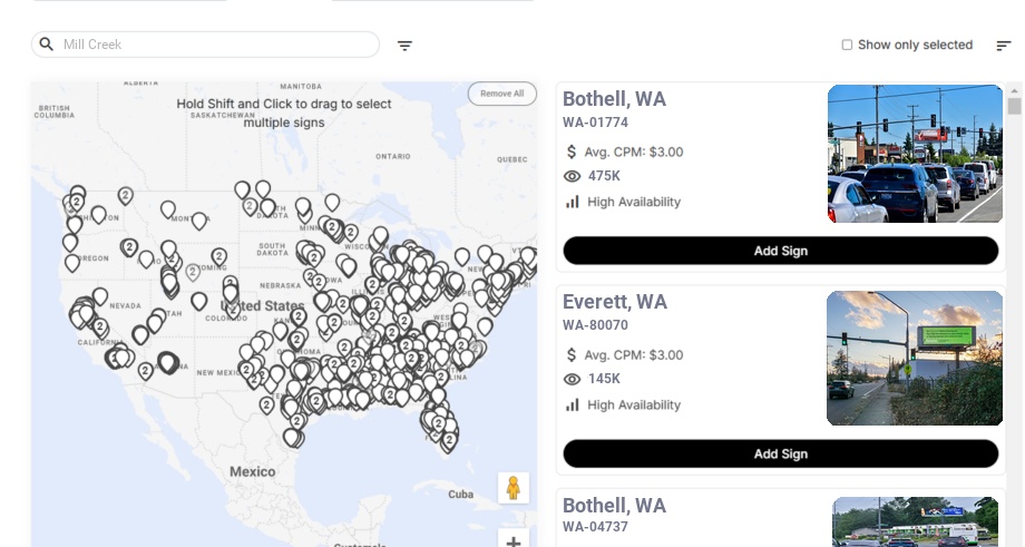 Billboard advertising in Mill Creek Wa, Washington - Choose your favorite location