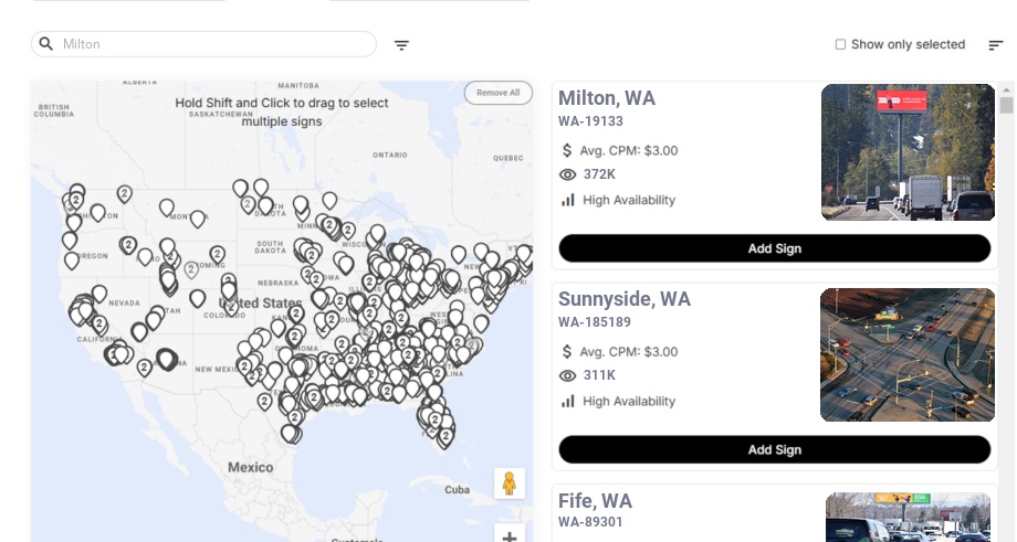 Billboard advertising in Milton, Washington - Choose your favorite location