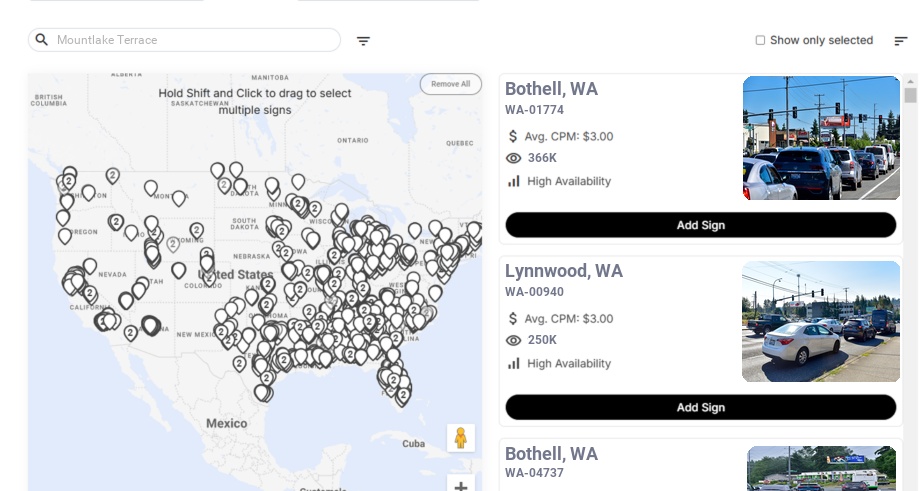Billboard advertising in Mountlake Terrace Wa, Washington - Choose your favorite location