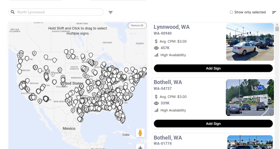 Billboard advertising in North Lynnwood Wa, Washington - Choose your favorite location