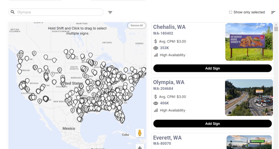 Billboard advertising in Olympia, Washington - Choose your favorite location