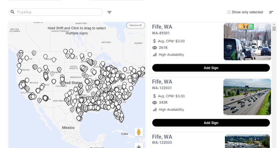 Billboard advertising in Puyallup Wa, Washington - Choose your favorite location