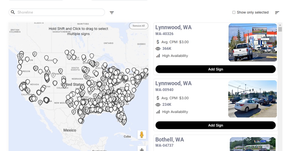 Billboard advertising in Shoreline, Washington - Choose your favorite location