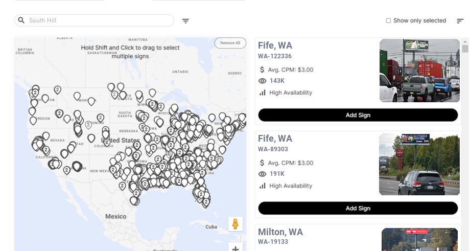 Billboard advertising in South Hill Wa, Washington - Choose your favorite location