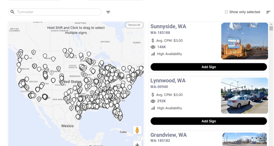 Billboard advertising in Tumwater, Washington - Choose your favorite location