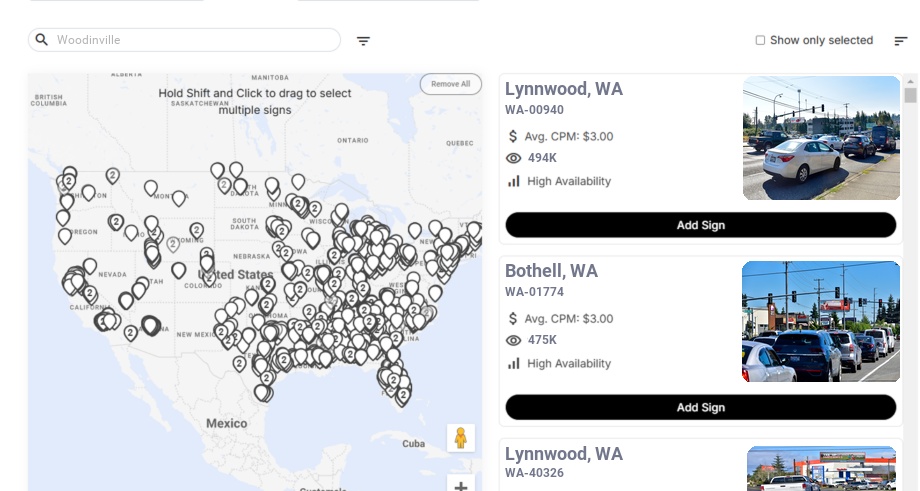 Billboard advertising in Woodinville Wa, Washington - Choose your favorite location