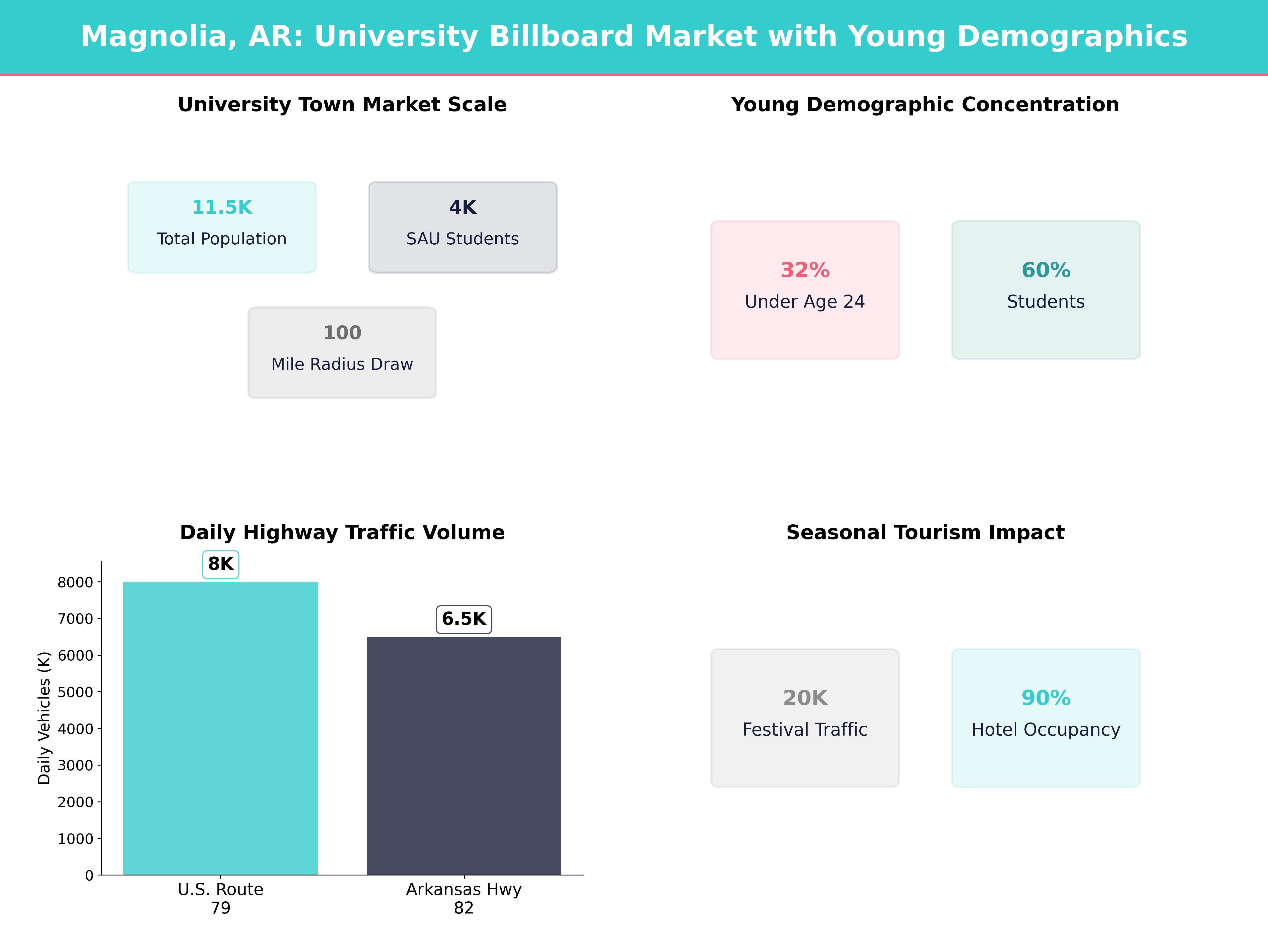 Infographic showing key insights and demographics for Arkansas, Magnolia