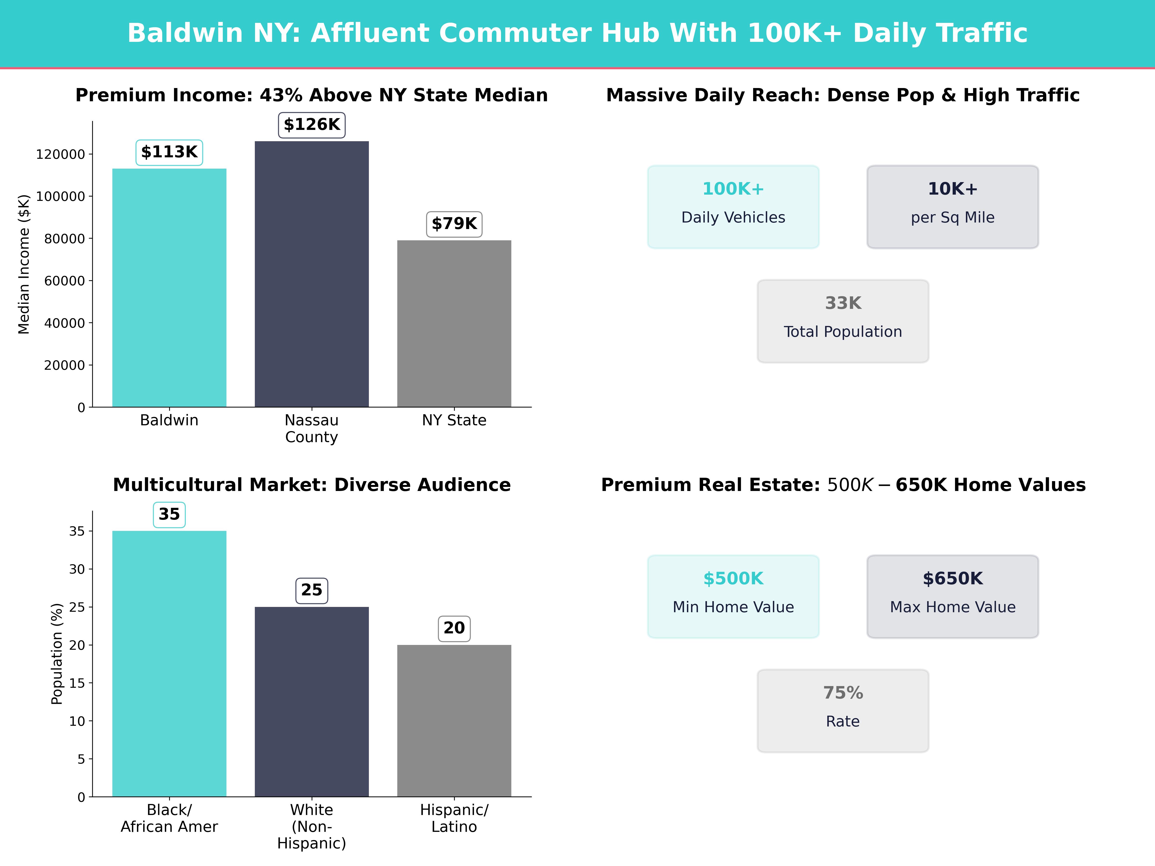 Infographic showing key insights and demographics for New York, Baldwin