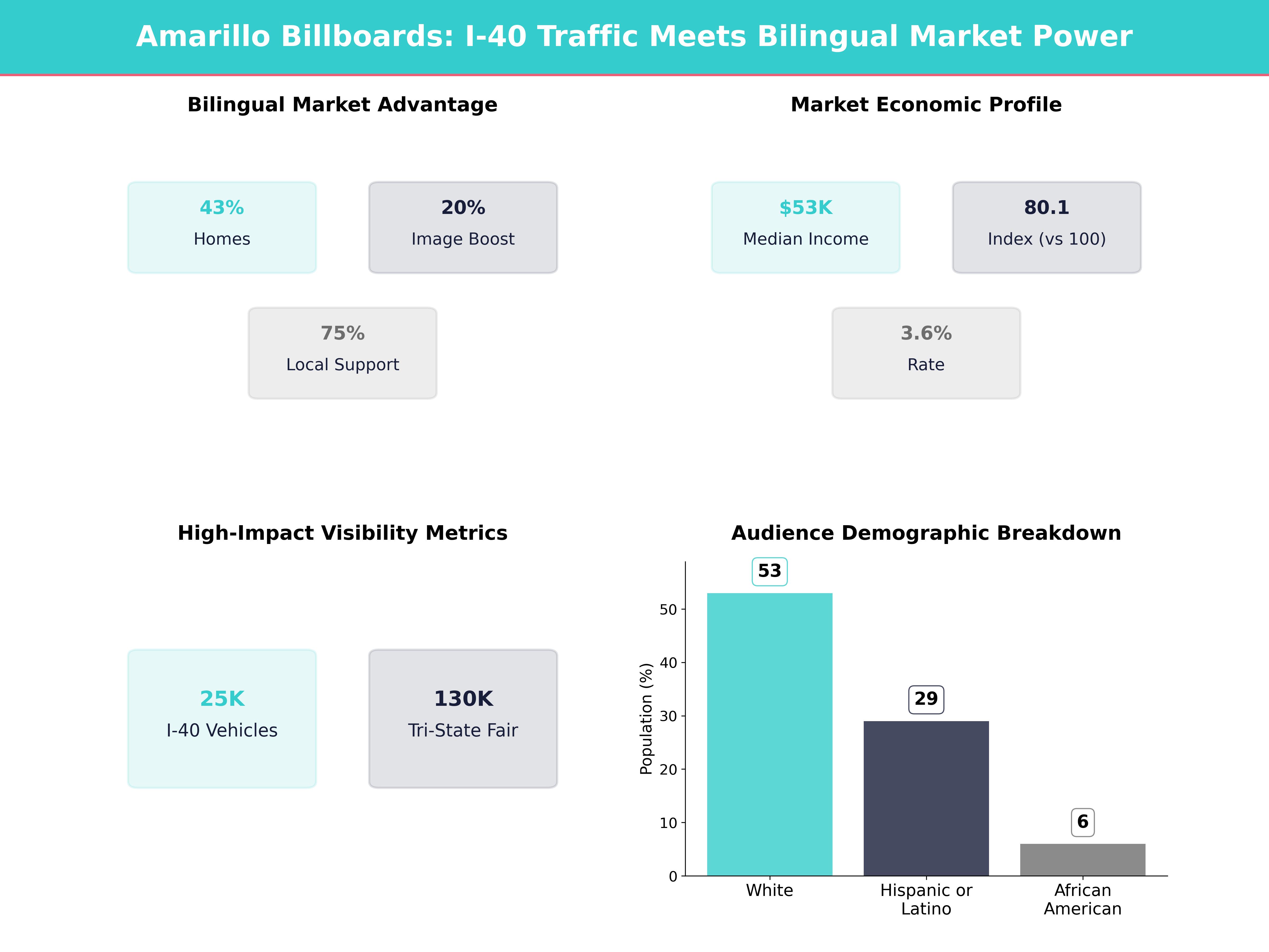 Infographic showing key insights and demographics for Texas, Amarillo