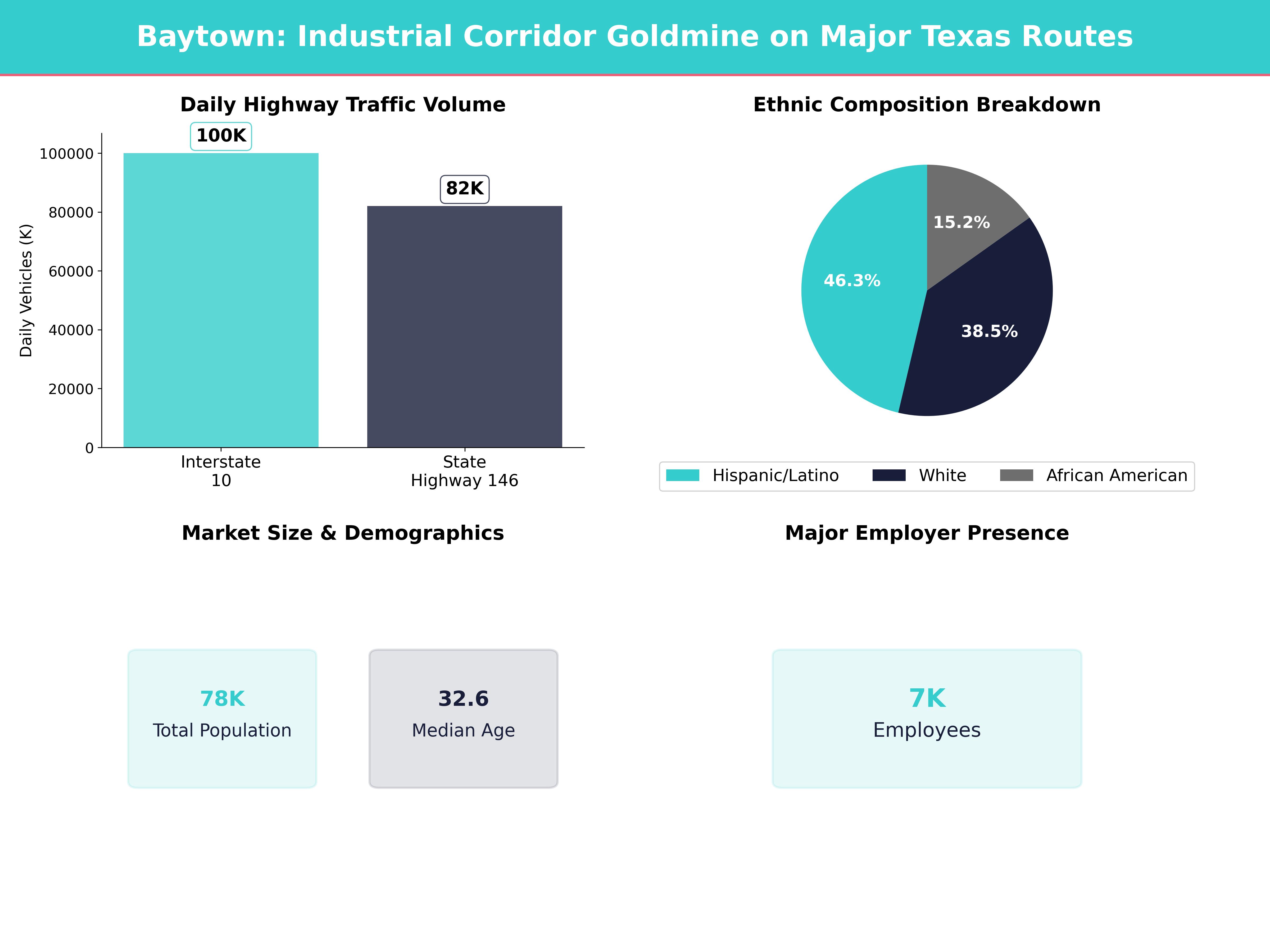 Infographic showing key insights and demographics for Texas, Baytown