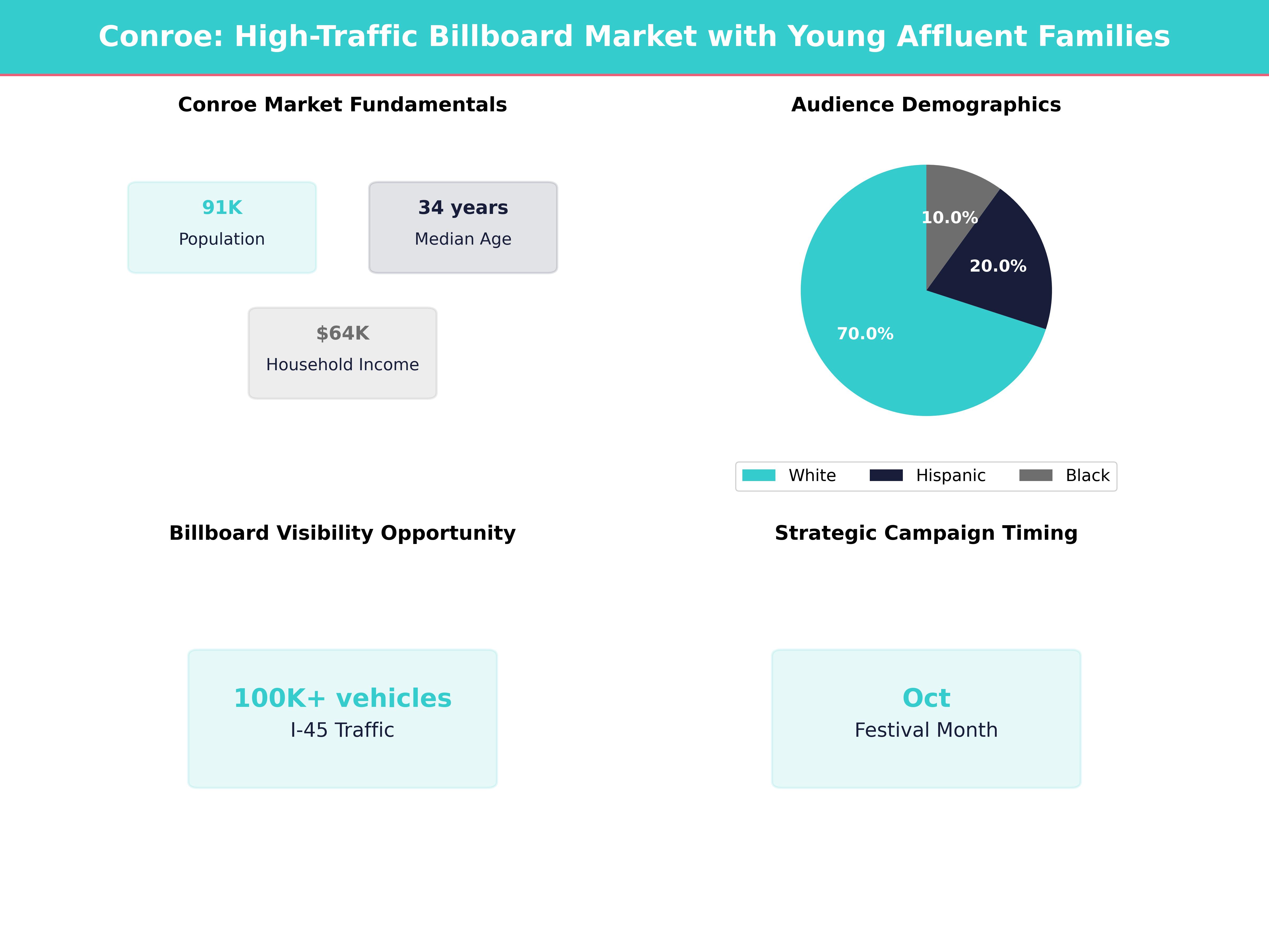 Infographic showing key insights and demographics for Texas, Conroe