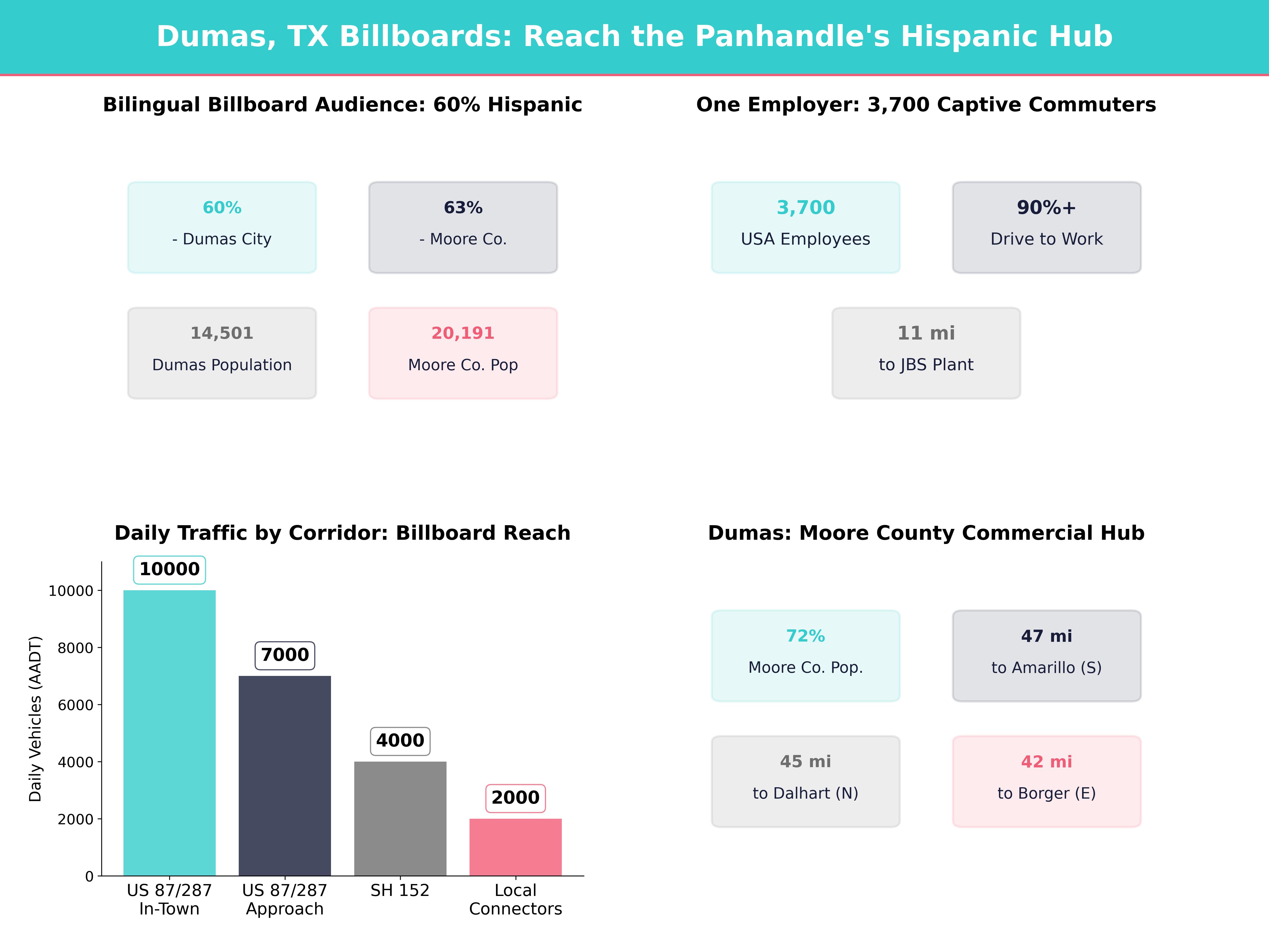 Infographic showing key insights and demographics for Texas, Dumas Tx