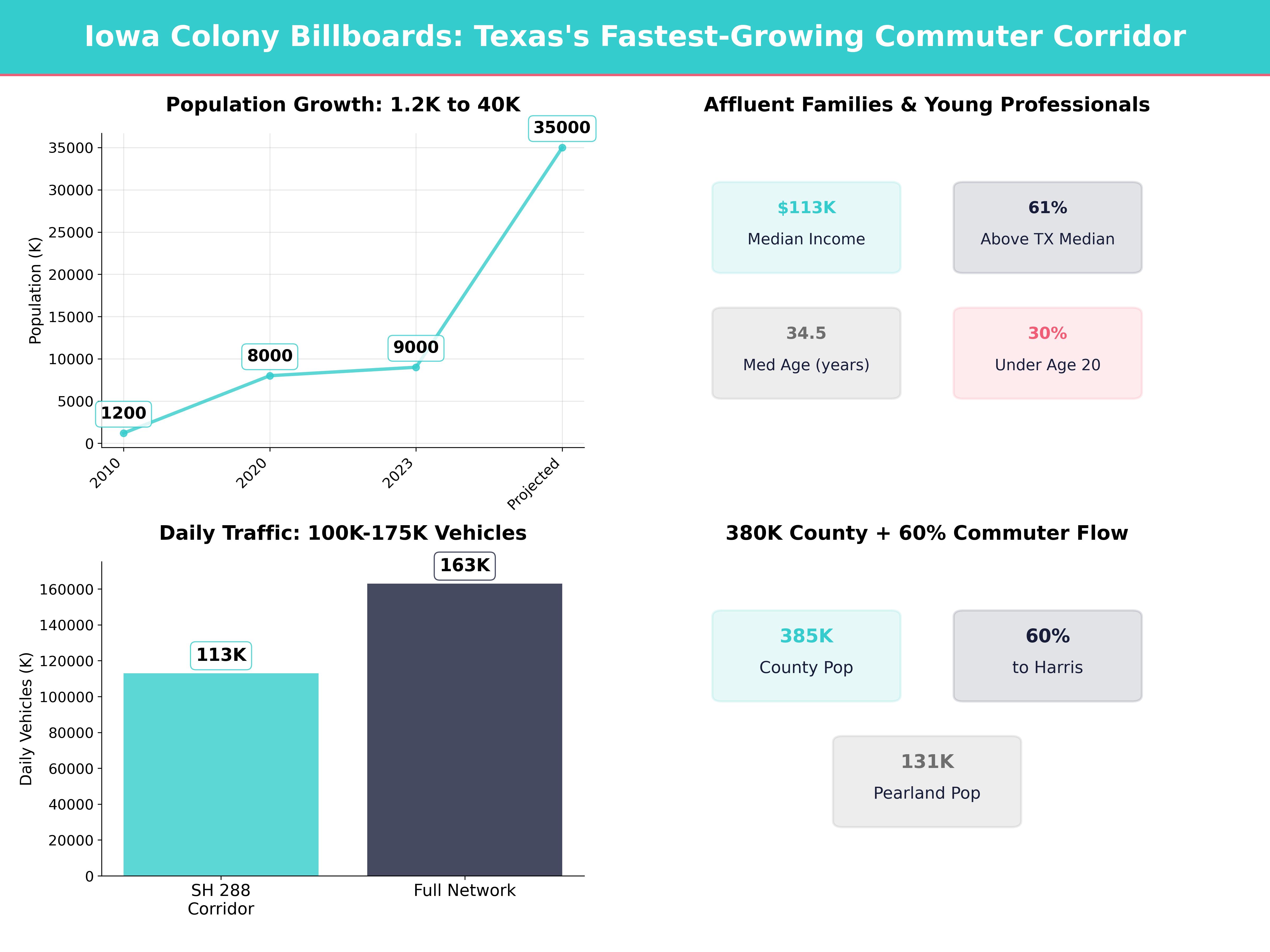 Infographic showing key insights and demographics for Texas, Iowa Colony