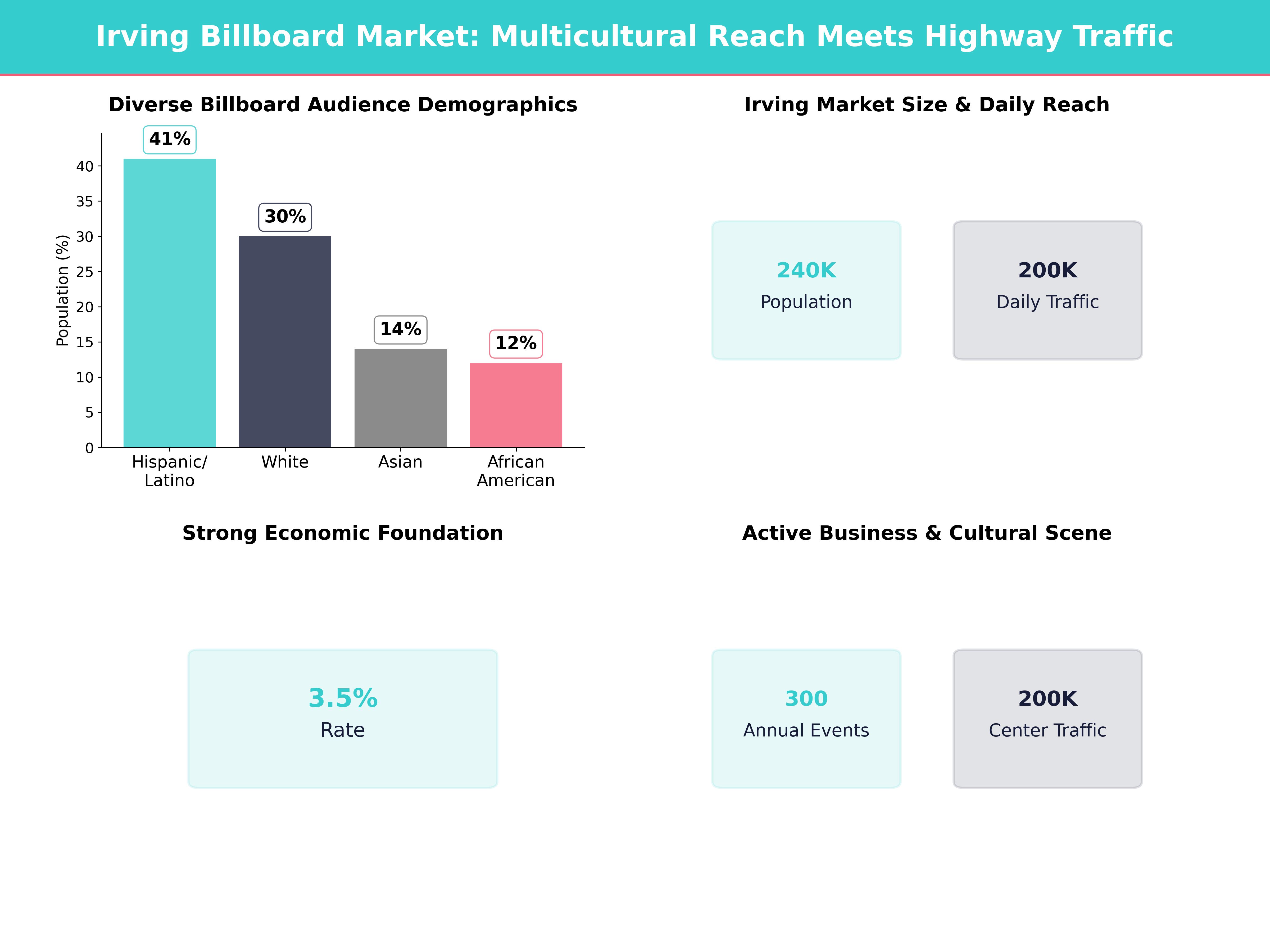 Infographic showing key insights and demographics for Texas, Irving