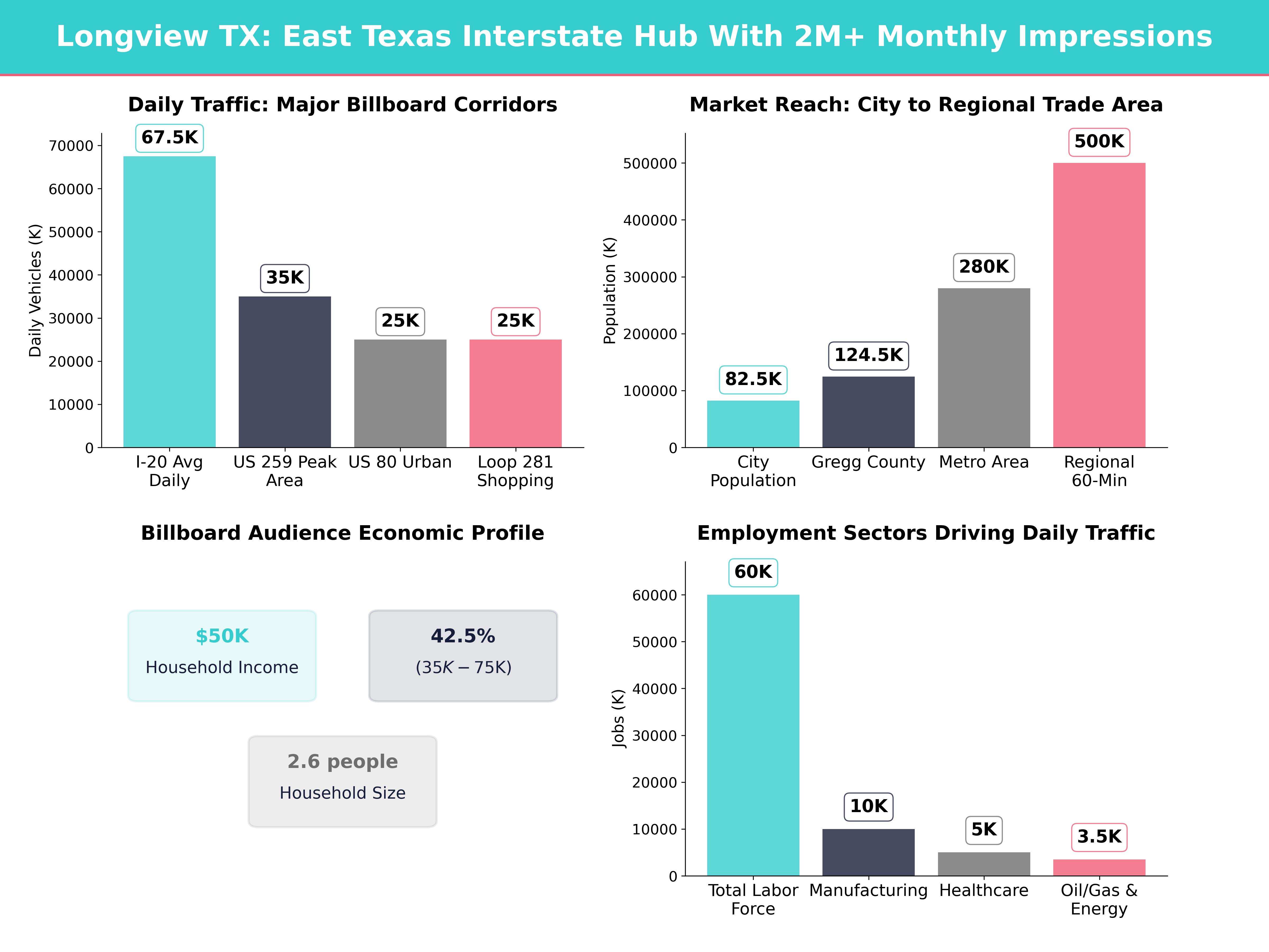 Infographic showing key insights and demographics for Texas, Longview