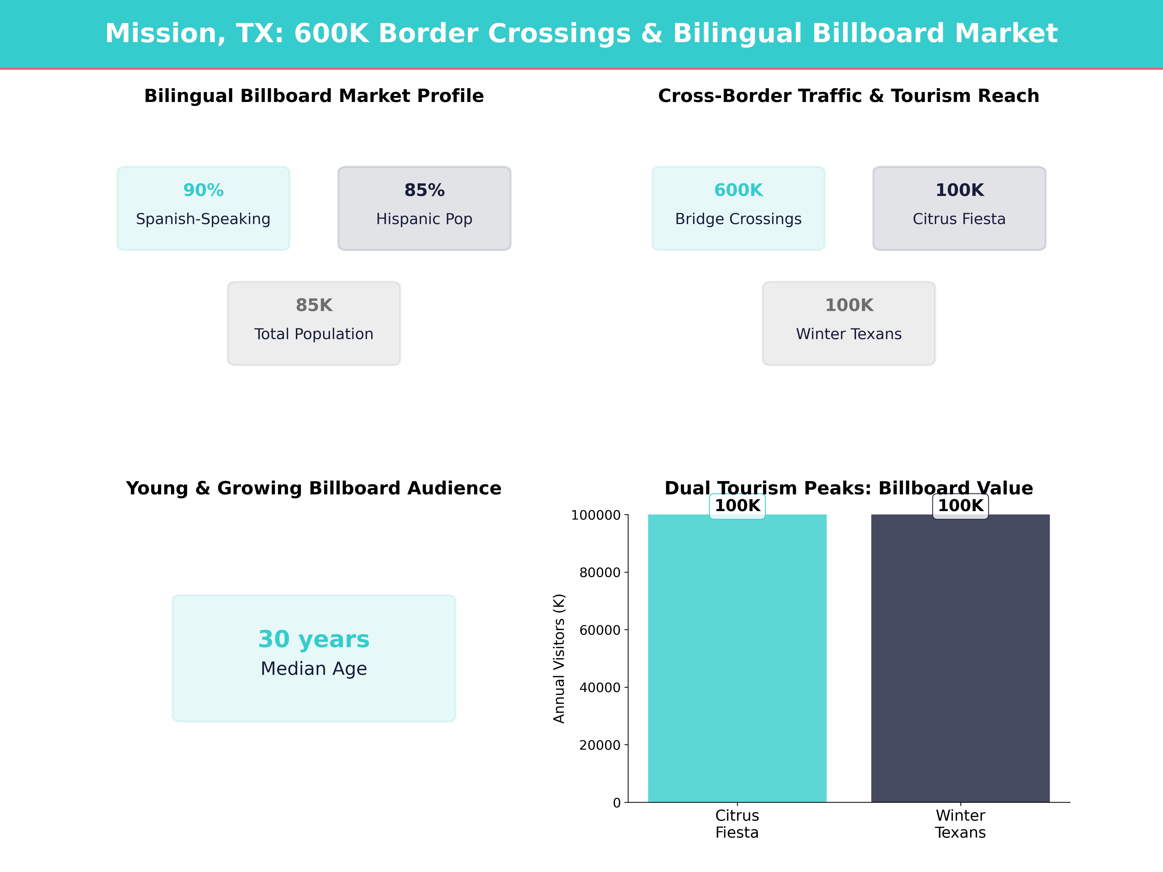 Infographic showing key insights and demographics for Texas, Mission