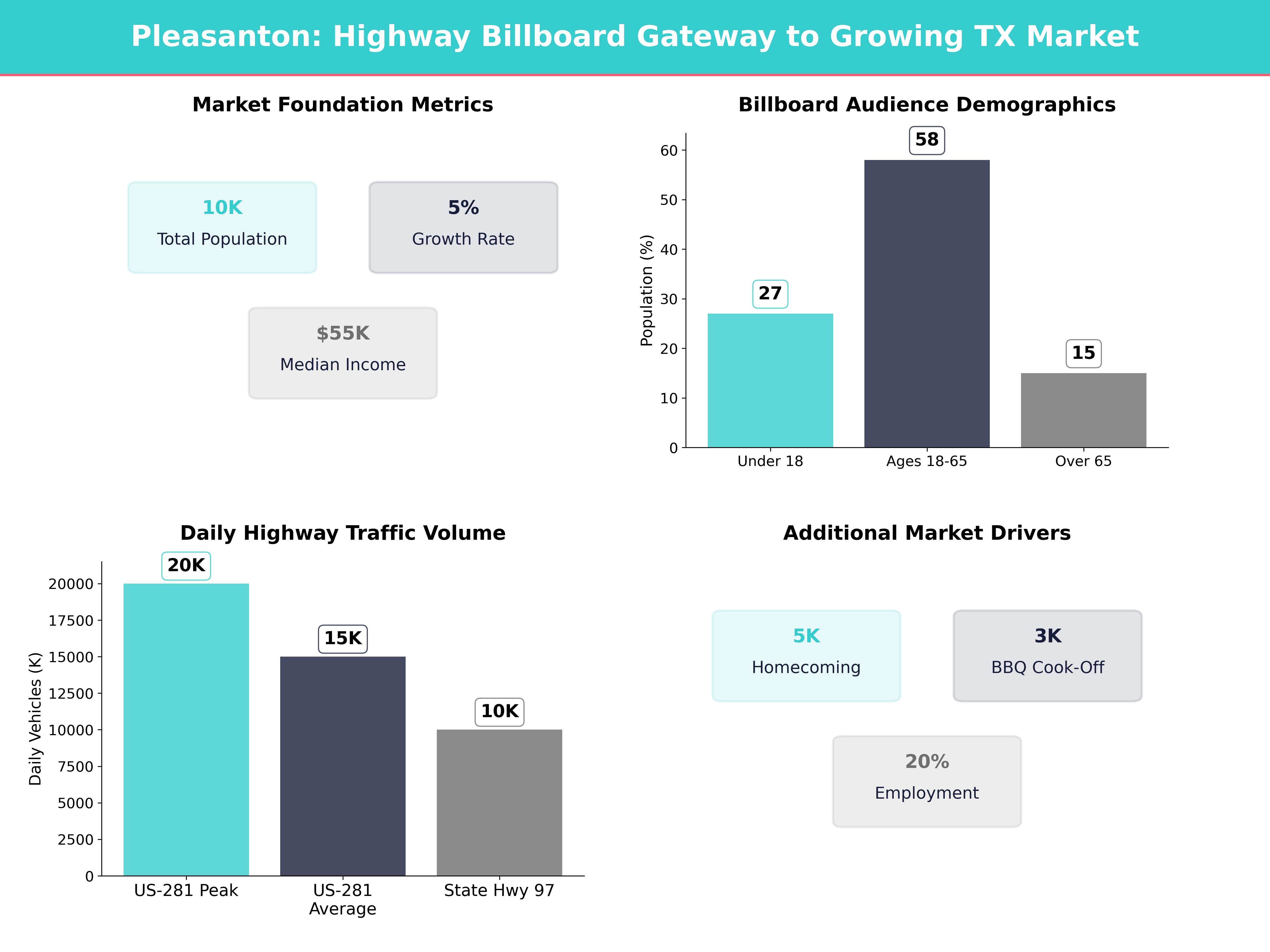 Infographic showing key insights and demographics for Texas, Pleasanton