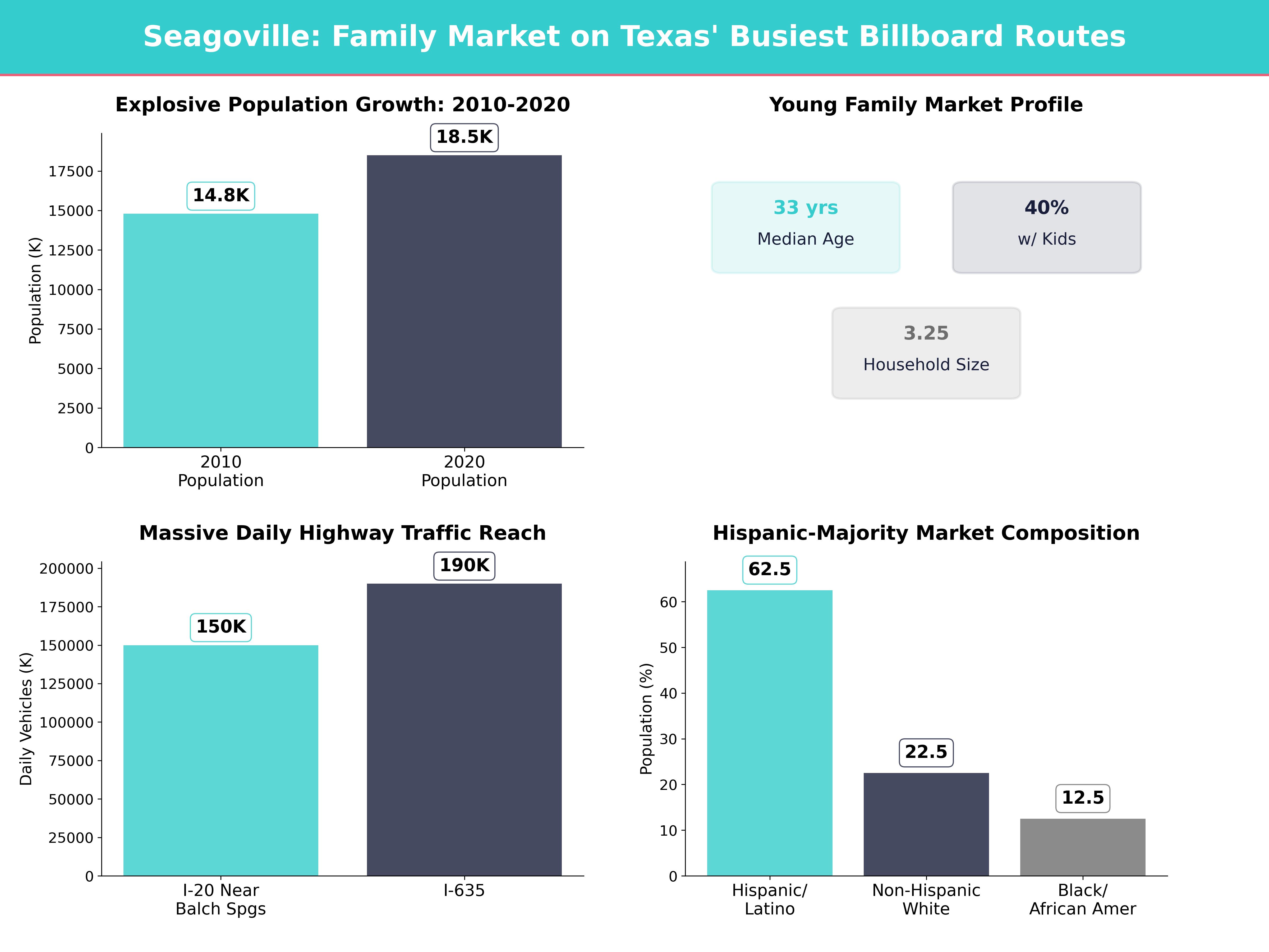 Infographic showing key insights and demographics for Texas, Seagoville
