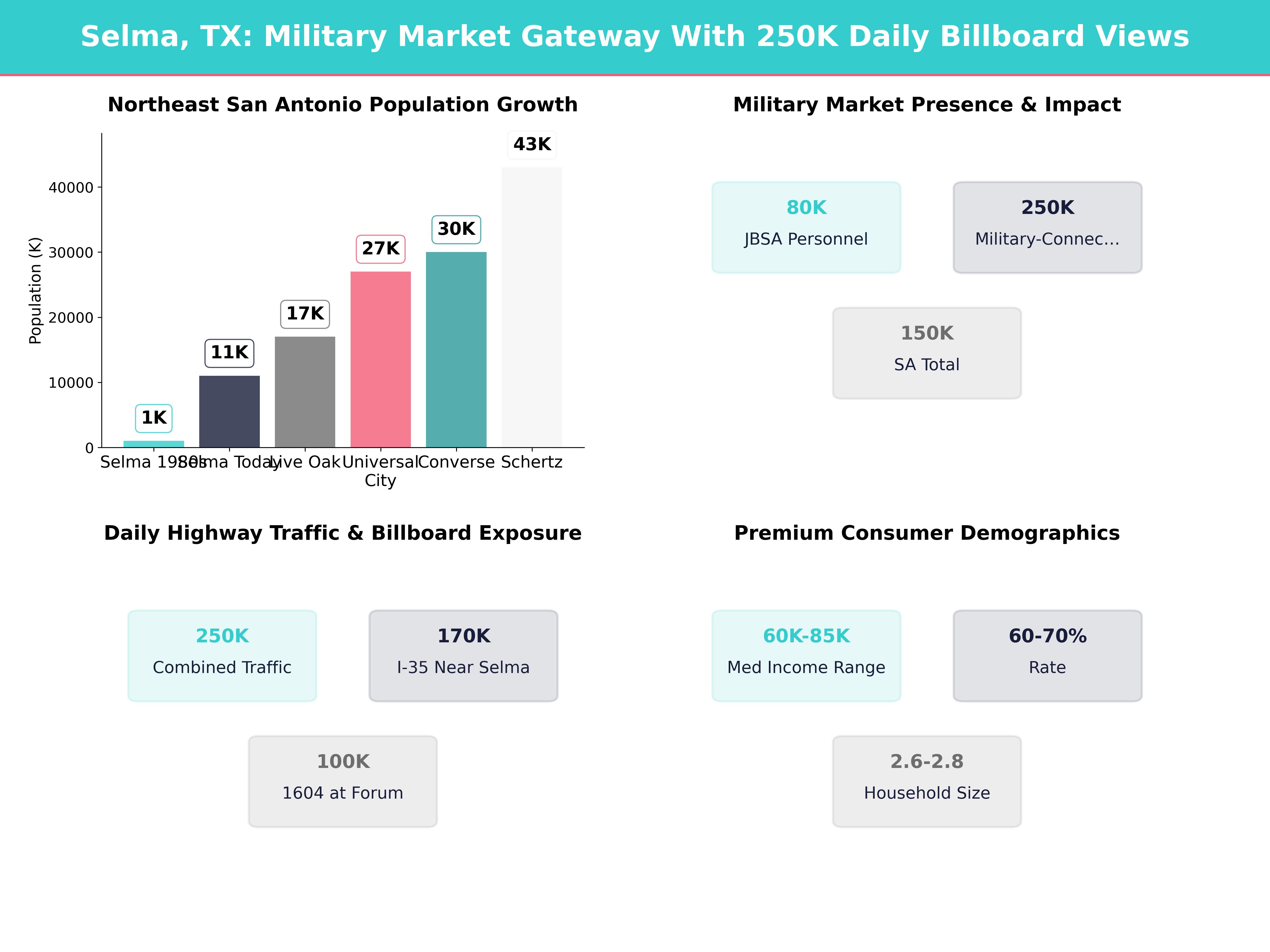 Infographic showing key insights and demographics for Texas, Selma
