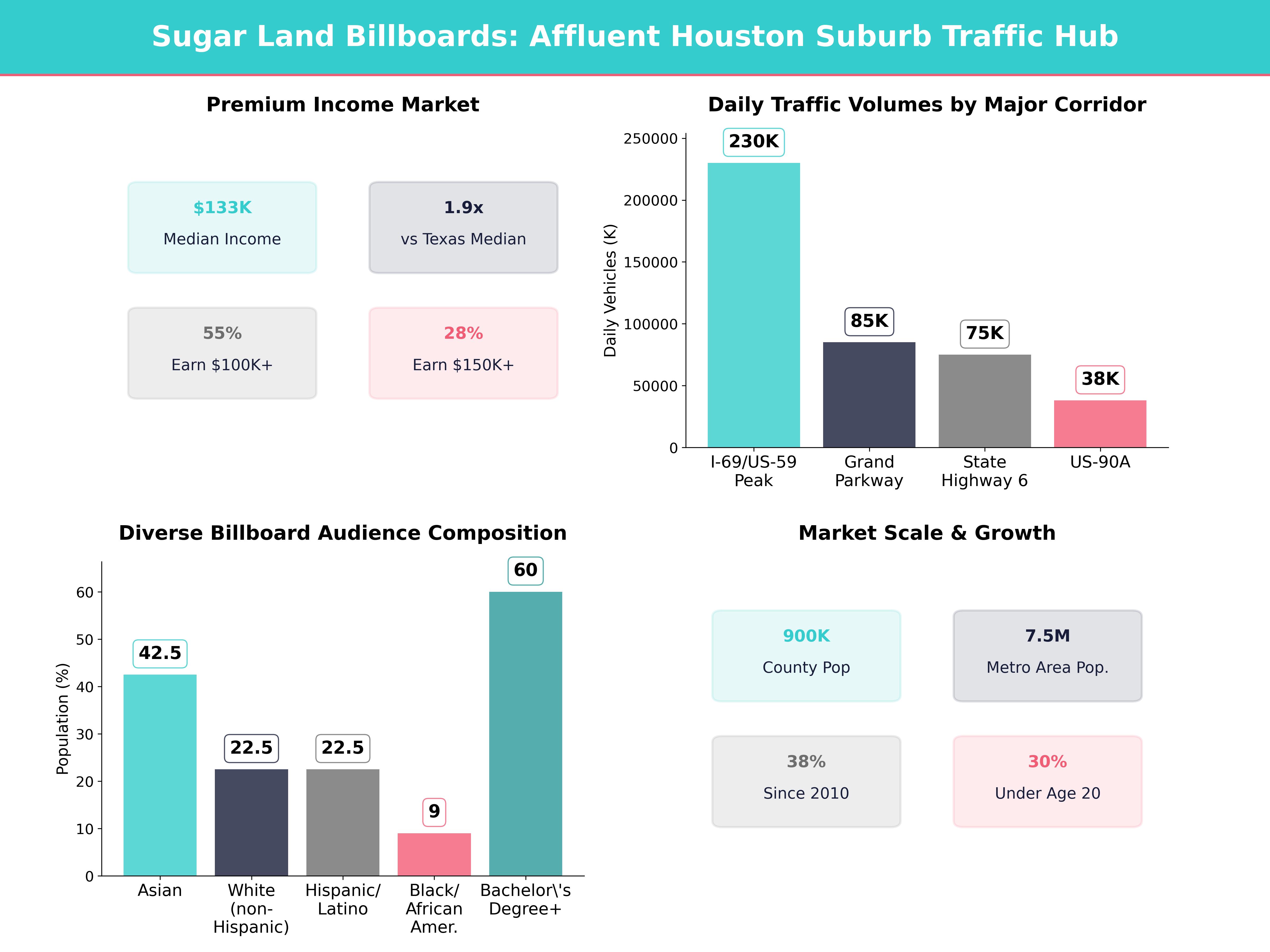 Infographic showing key insights and demographics for Texas, Sugar Land