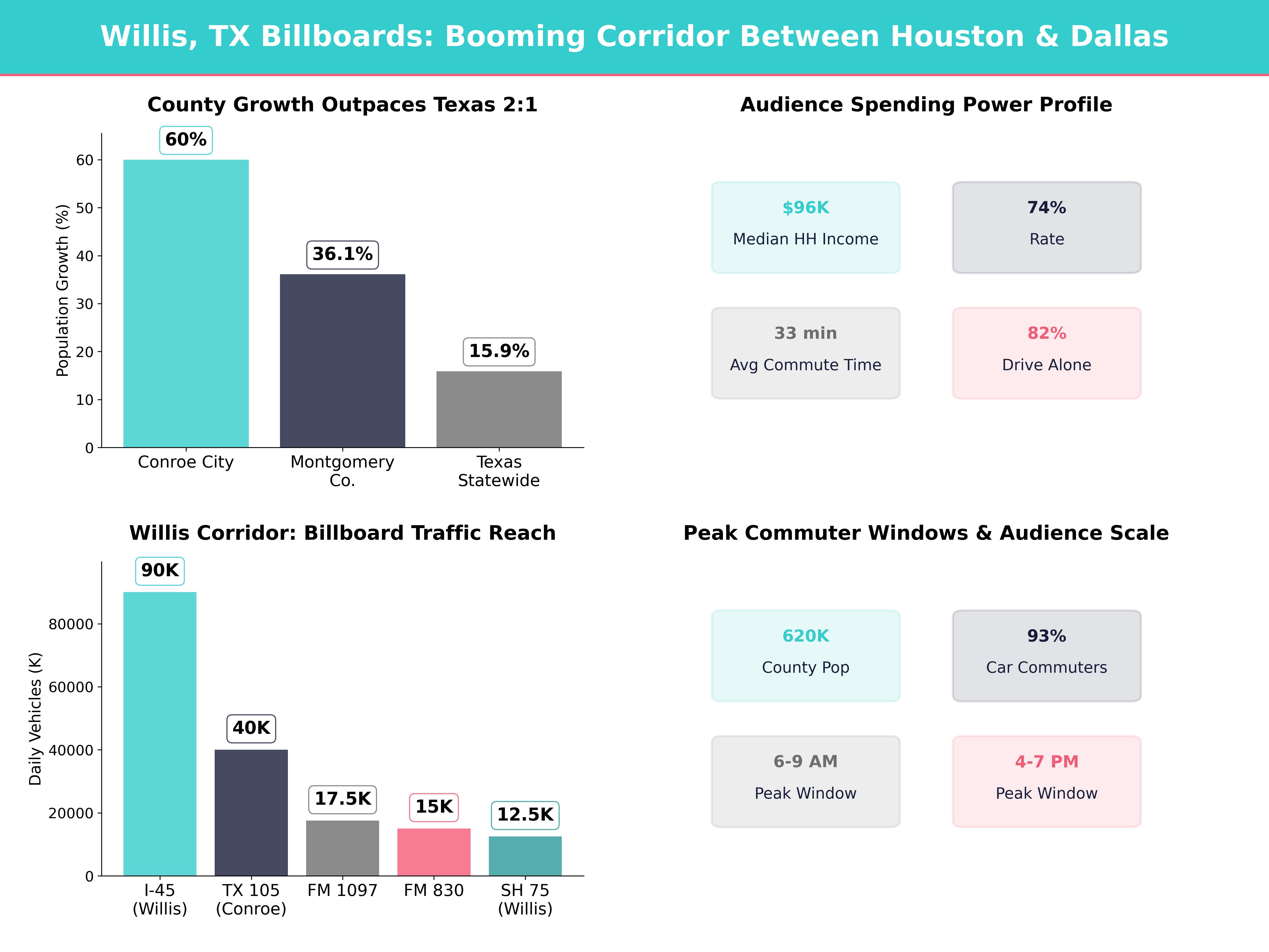 Infographic showing key insights and demographics for Texas, Willis Tx